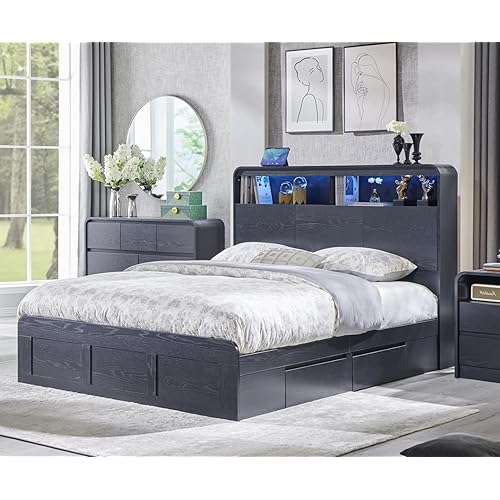 Modern Queen Size Wood Bed Frame with 50" Tall Storage Headboard, LED Queen Size Platform Bed Frame w/4 Drawers, Charging Station,Solid Wood Slats Support,No Box Spring Needed, Luxury Black