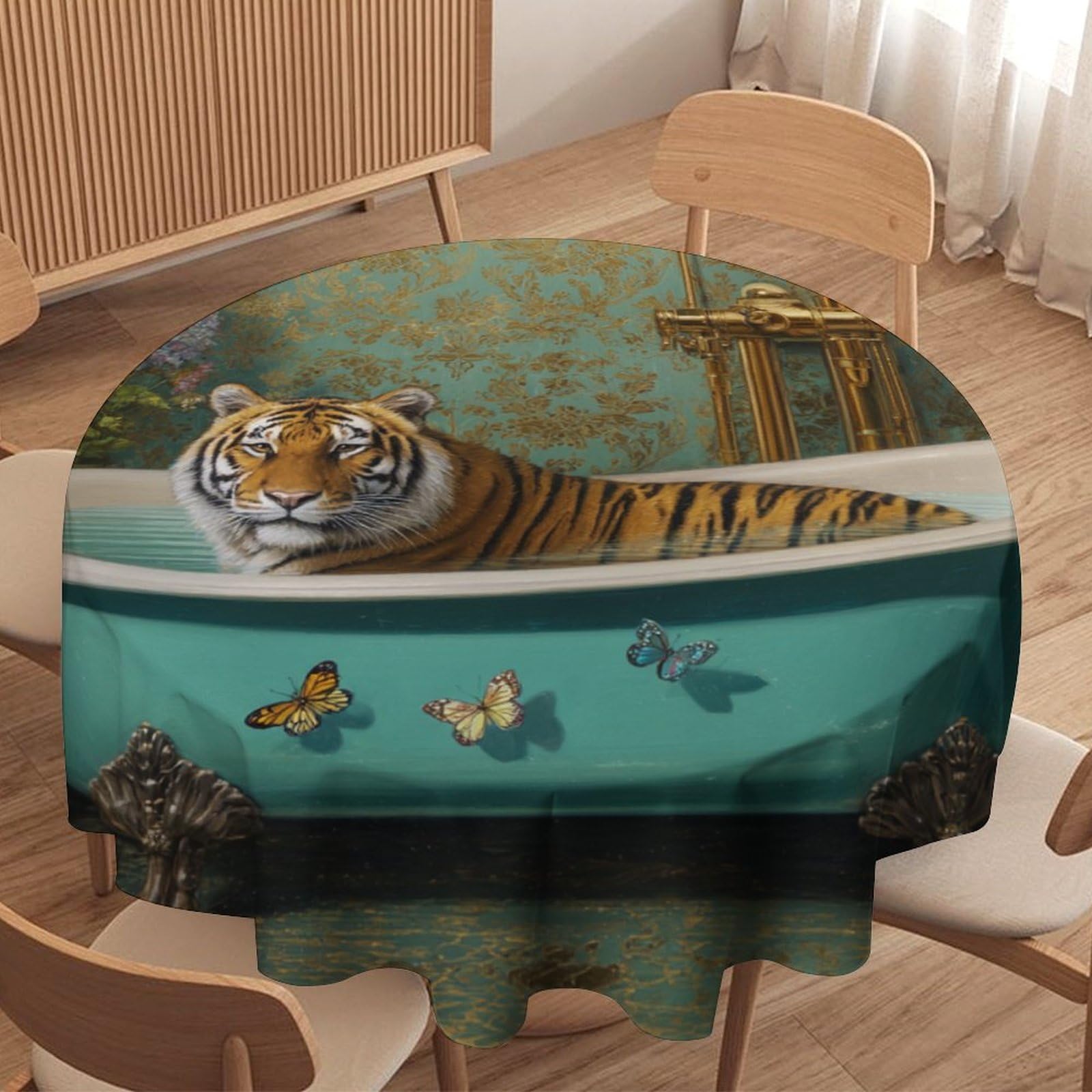 LUYYSKY Cool Vintage Tiger Waterproof Round Tablecloth Classic Aesthetic Bathroom Art Animals Tigers Butterflies Print Washable Table Cover for Kitchen-91.4" Wx91.4 L cm