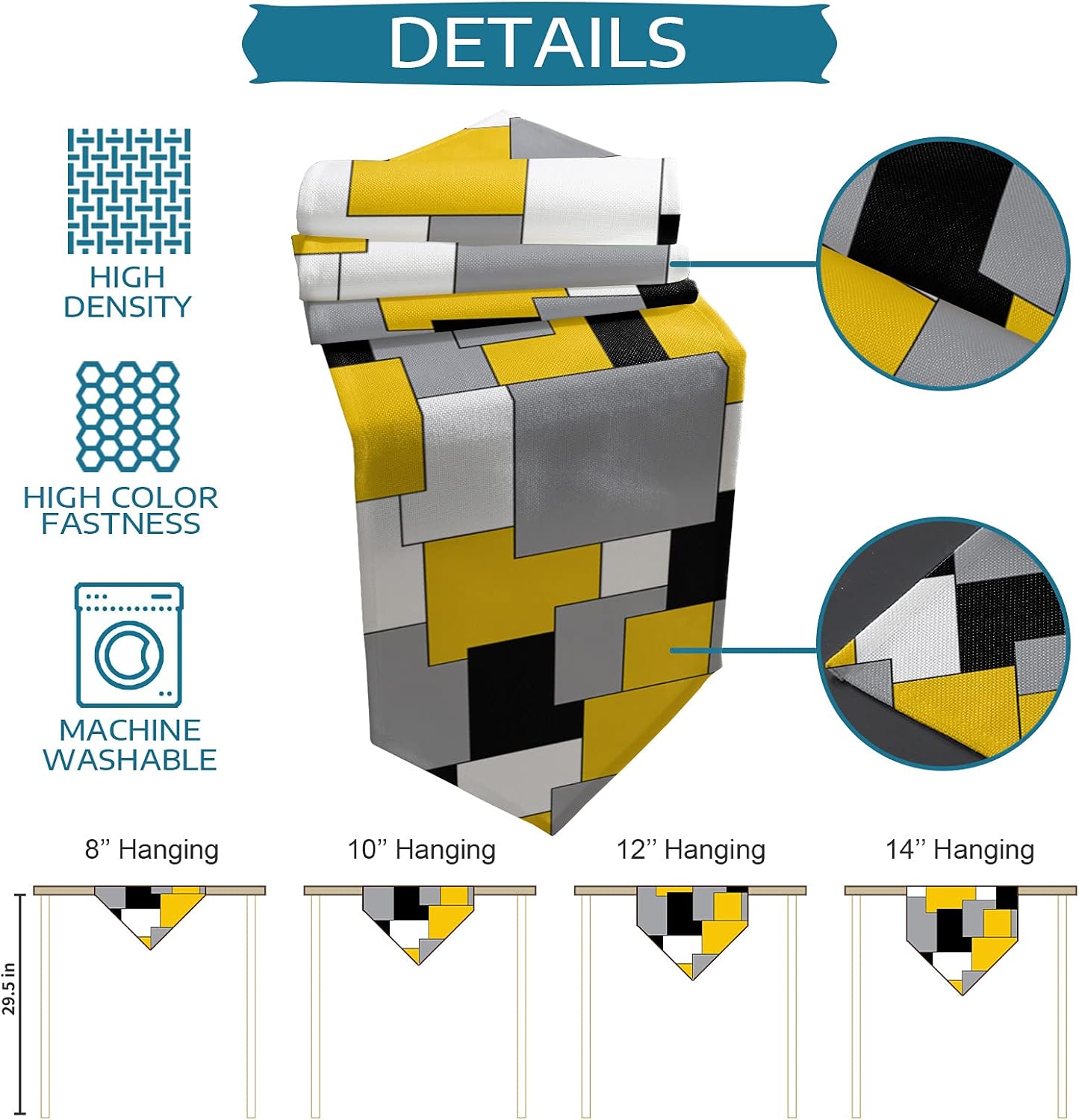 Cotton Linen Table Runner Yellow Gray Black Squares Dresser Scarves Abstract Geometric Art Table Runners for Dining Room Holiday Party Kitchen Home Decor 18x72In