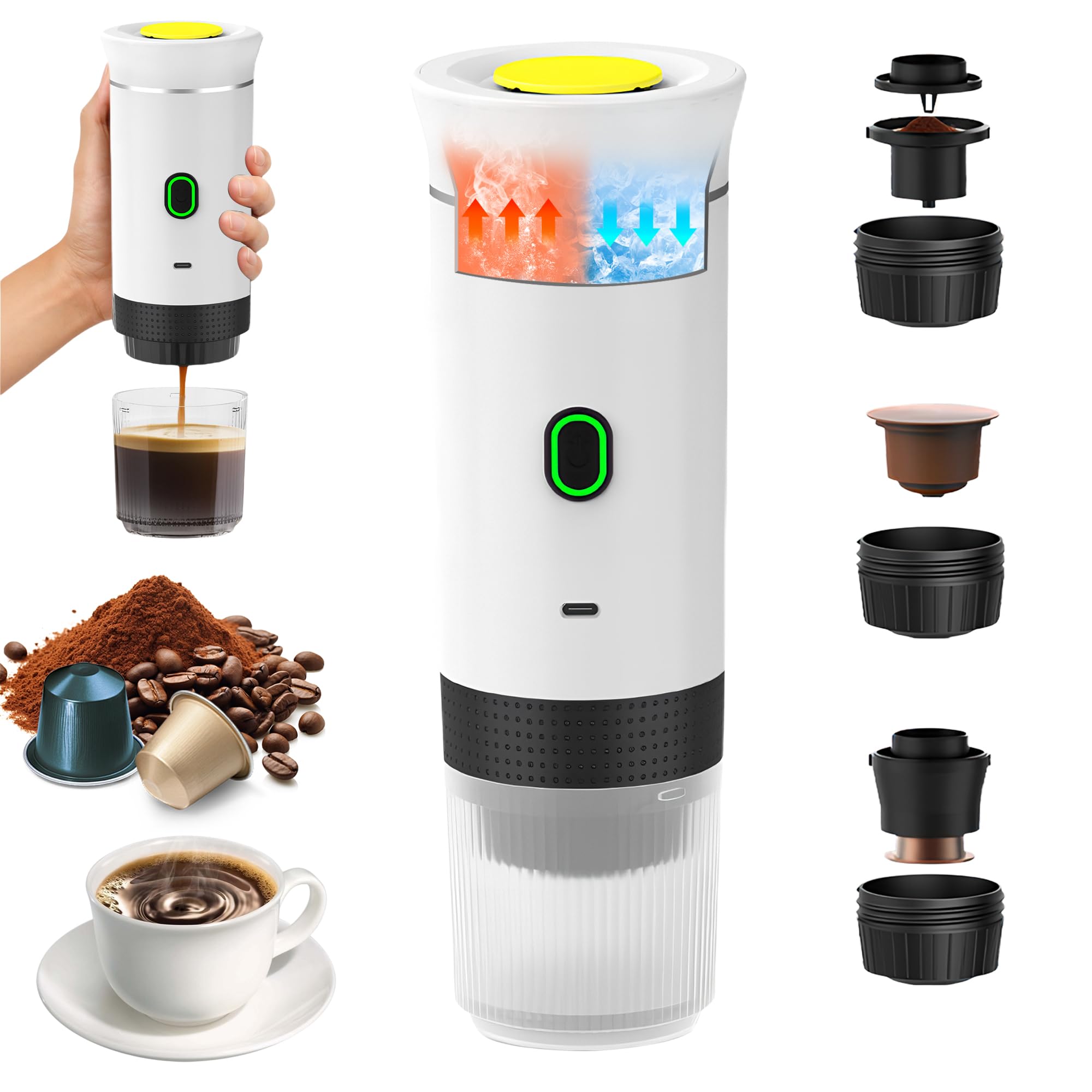 Portable Coffee Machine, 3 in 1 Electric Portable Espresso Maker Rechargeable for Small or Large Capsules and Ground Coffee for Office Travel Camping (White)