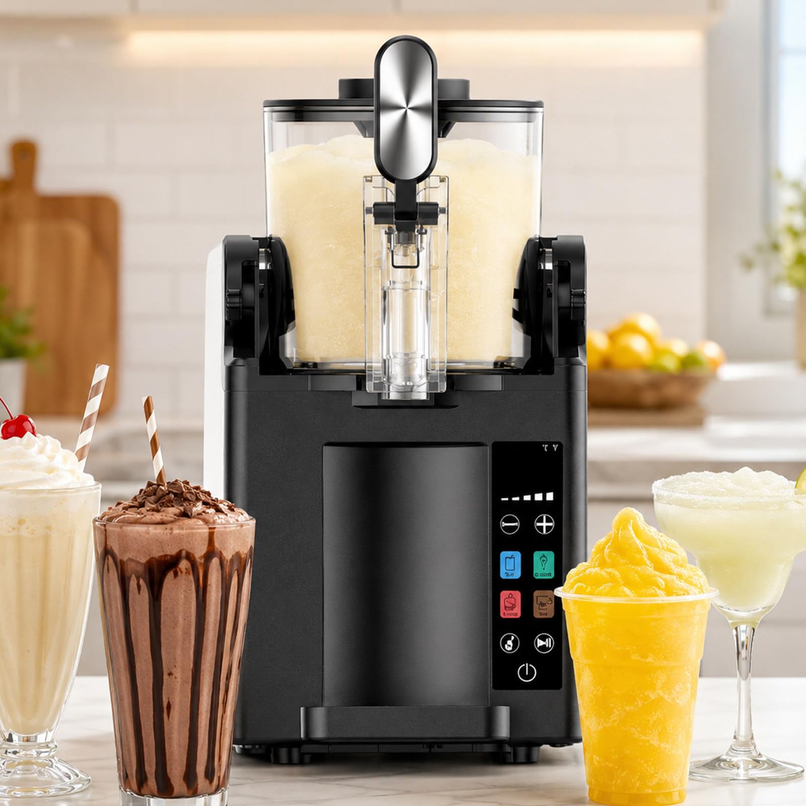 pealiritansemen Smoothie Machine 1.5L with Smart Touch Control, No Ice Needed Countertop Iced Drink Maker for Smoothies Milkshakes Soft Serve and Coffee Frappes, for Home, Stores, Cafés, Hotels Black