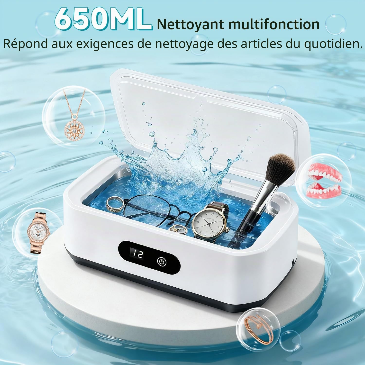 Nettoyeur Ultrasons Lunettes 650ML, 48KHz Nettoyeur Bijoux à Ultrason, Ultrasonic Cleaner avec 5 Minuteries Numériques, pour Bijoux, Dentier, Montres, Lunettes, Tête de Rasoir