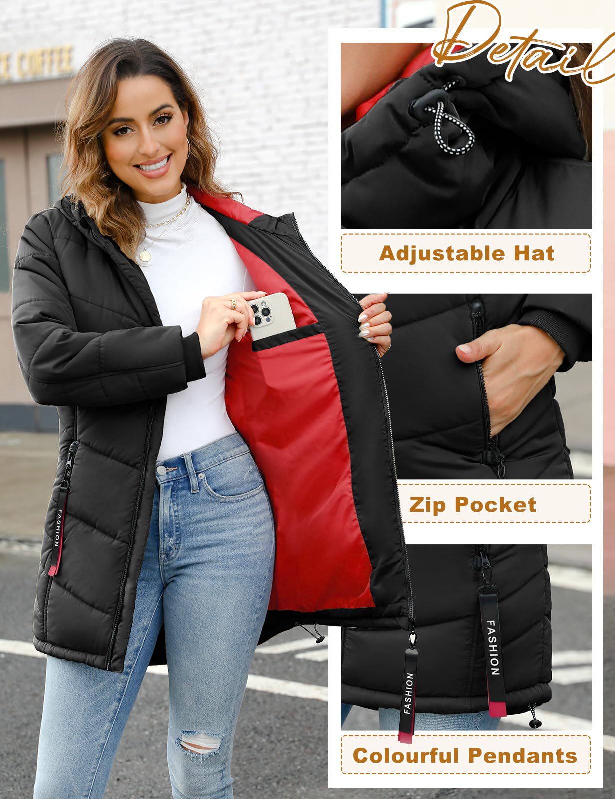 Yuson Girl Abrigo Mujer Invierno Acolchado Abrigos Largo y Viento Chaqueta con Capucha Puffer de Algodón Parka Cálido Otono Exteriores Ligero Outwear con Cremallera Bolsillos