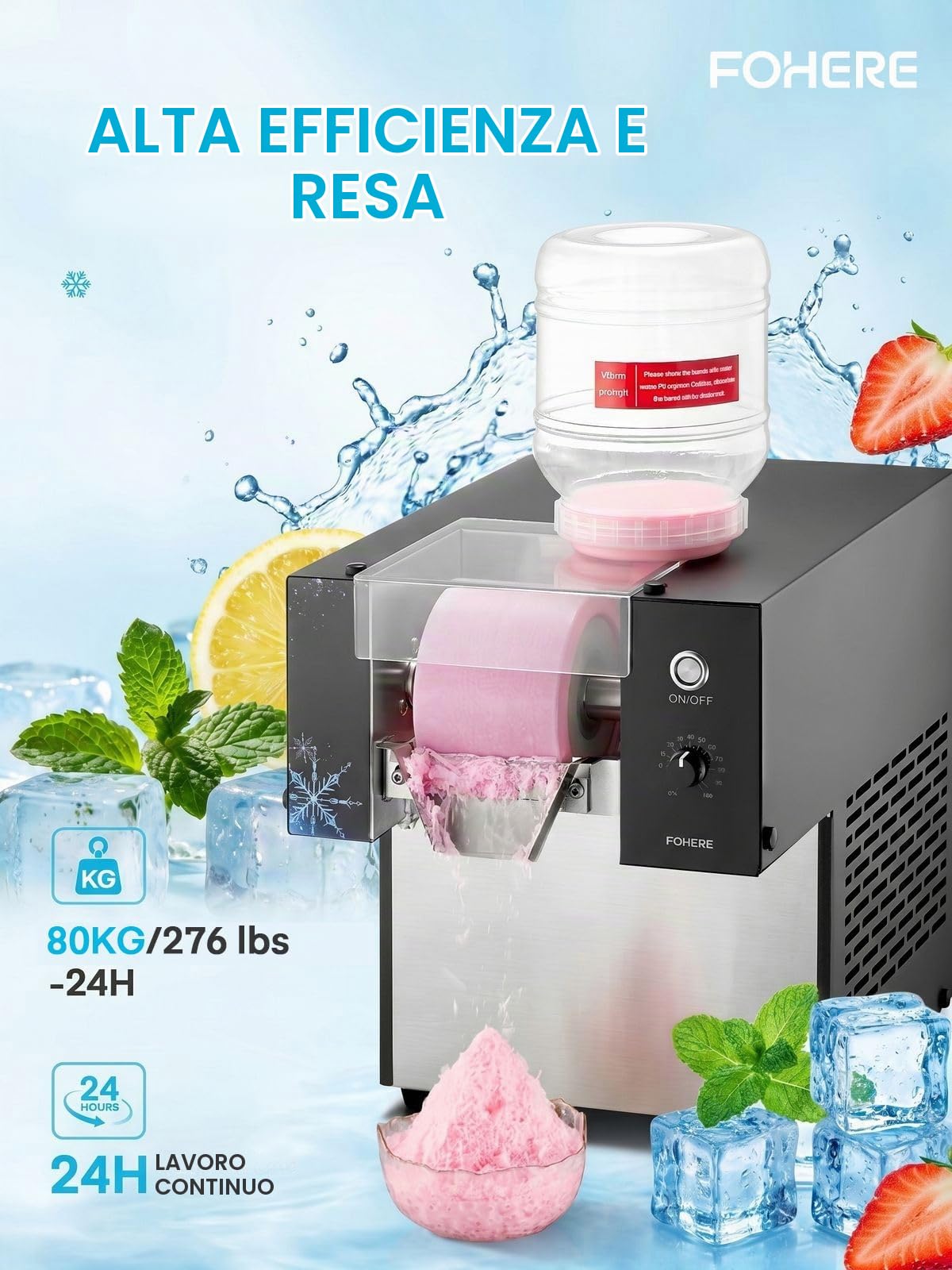 Macchina professionale per ghiaccio tritato FOHERE 80 kg/24 h | Macchina per bingsu in acciaio inossidabile con funzione di autopulizia e compressore, regolatore di velocità