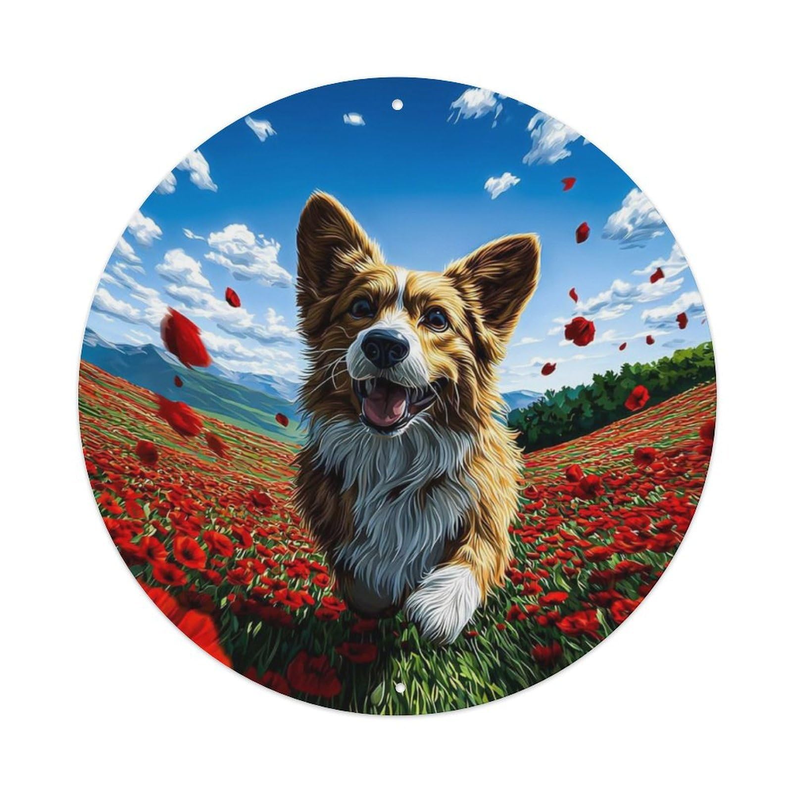 Animal Welsh Corgi Poppy Meadow Nature Countryside Scenic Vintage Metal Tin Sign Plaque Wall Decor for Cafe, Club Bar, Office, Garden Metal Poster 8x8Inch