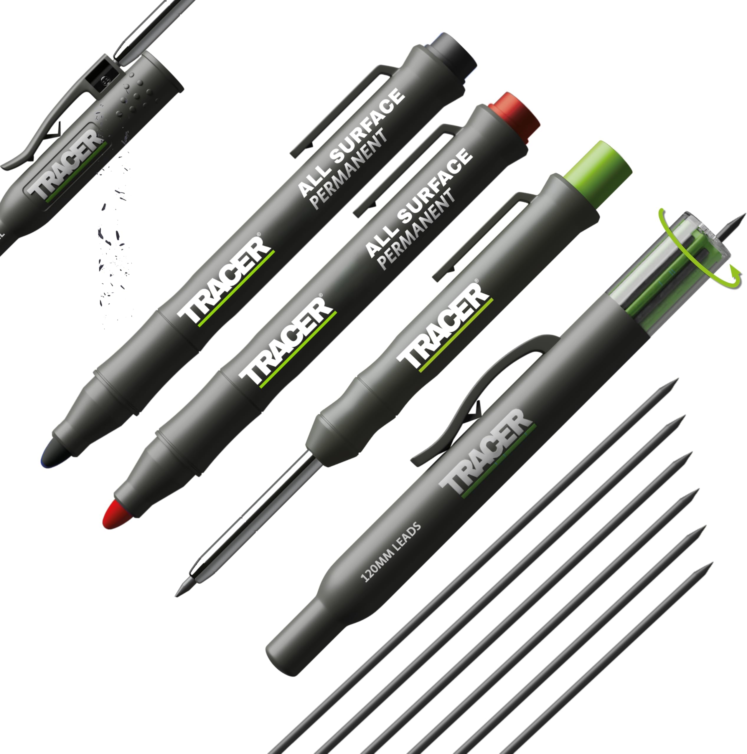 Tracer Marking Kit - Deep Hole Pencil, ALH1 Lead set and 2 Clog Free Markers with Holsters. Construction pencil & Marker set