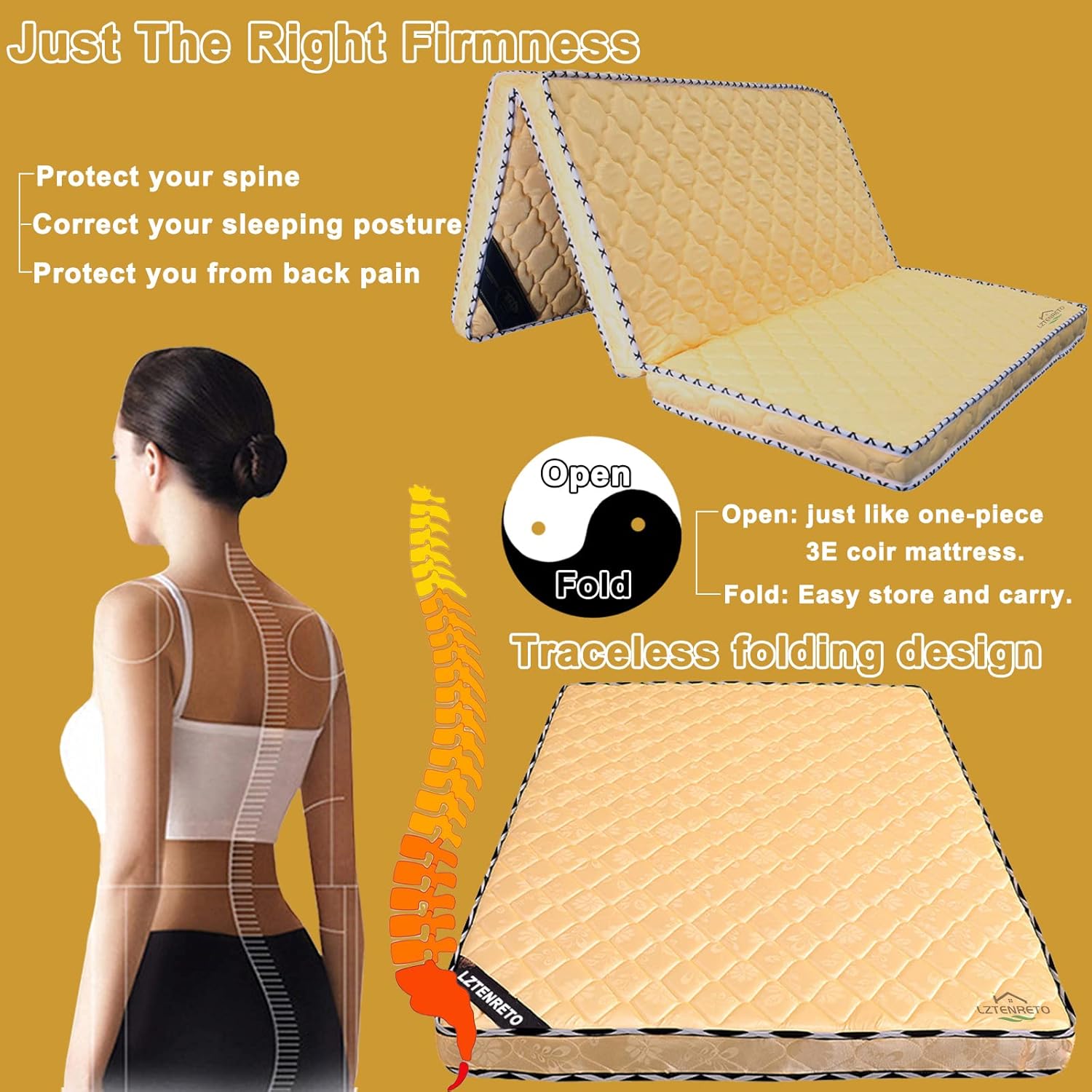 Firm Coconut Coir Mattress, 3E Coconut Palm Mattress Pad, Thick Coir Mattress in 6cm, 9cm, 11cm, Foldable (Yellow-B, Full 6cm)