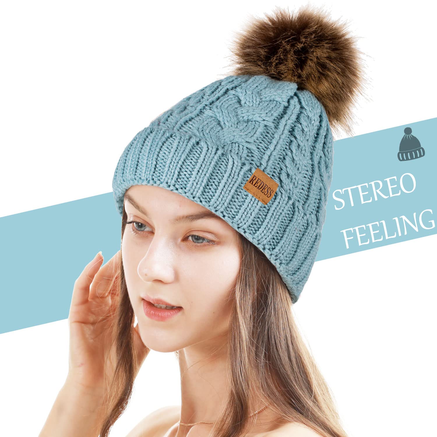 REDESS Cappello Invernale da Donna con Pom Pom Beanie Caldo Foderato in Pile Spesso Slouchy Snow Knit Chunky Baggy Skull Berretto da Sci