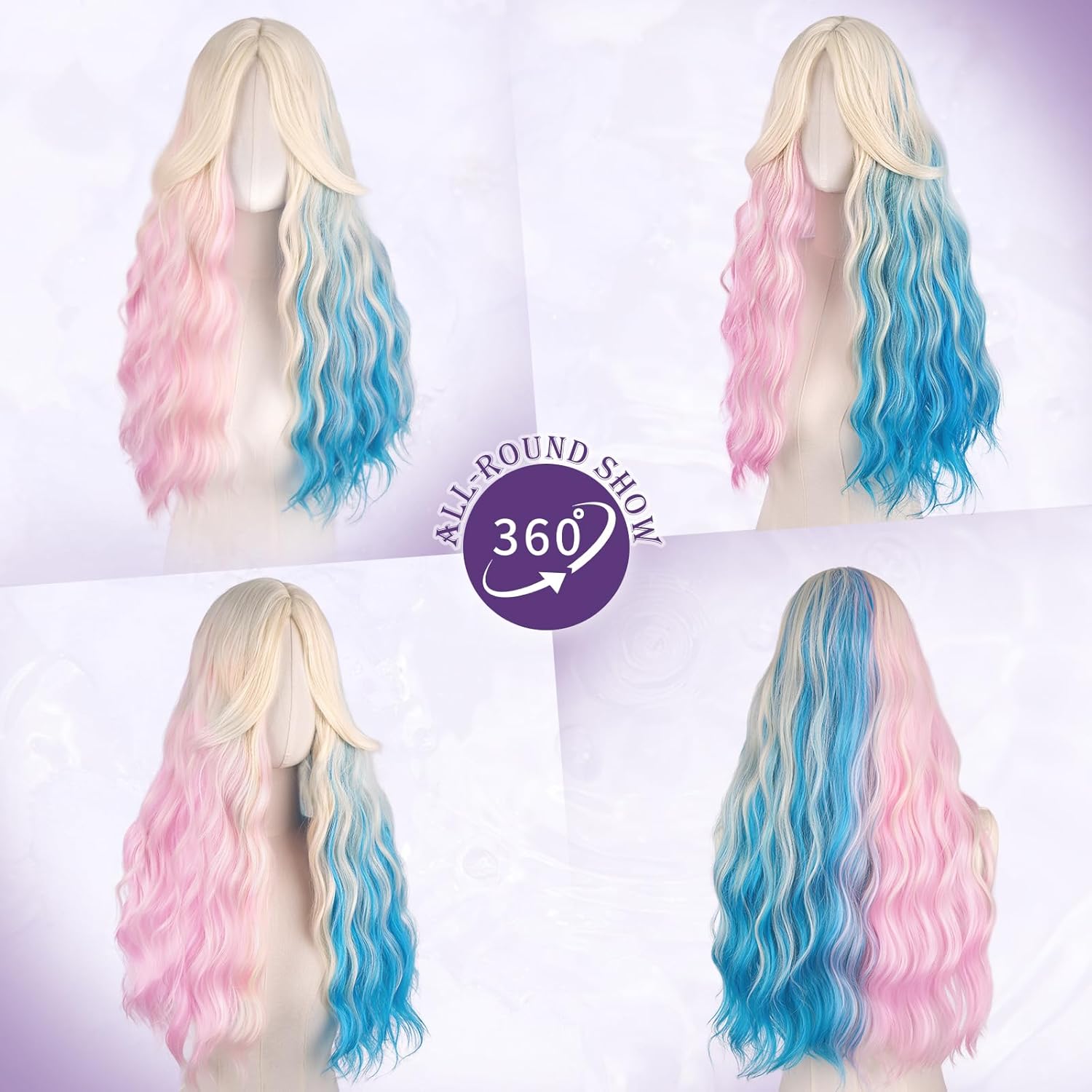 Haloo Pink and Blue Wigs with Curtain Bangs for Women - Long Wavy Middle Part Natural Looking Synthetic Hair Wig for Daily Party Cosplay Costume, 26 Inch - Image 2
