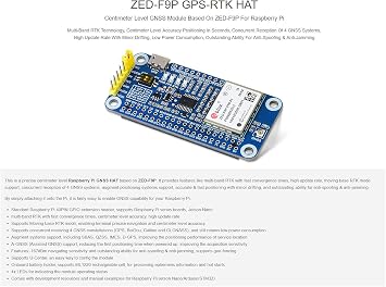 Waveshare ZED-F9P GPS-RTK HAT for Raspberry Pi Centimeter Level Accuracy Multi-Band RTK Differential GPS Module