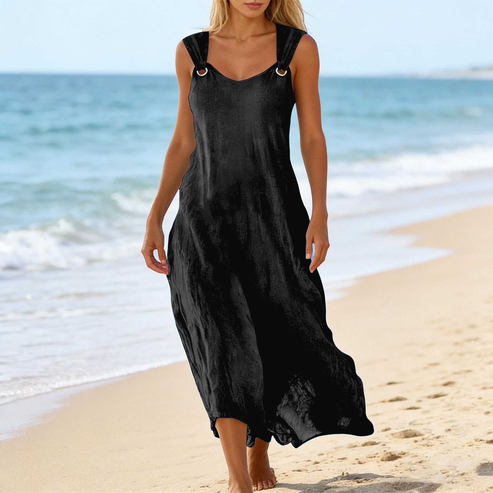 Robe Femme Chic et Elegant Robe midi Fluide et élégante, Unie et décontractée, idéale pour l'été, avec col en V et Manches à Volants, Dress pour Fête Noël Mariage