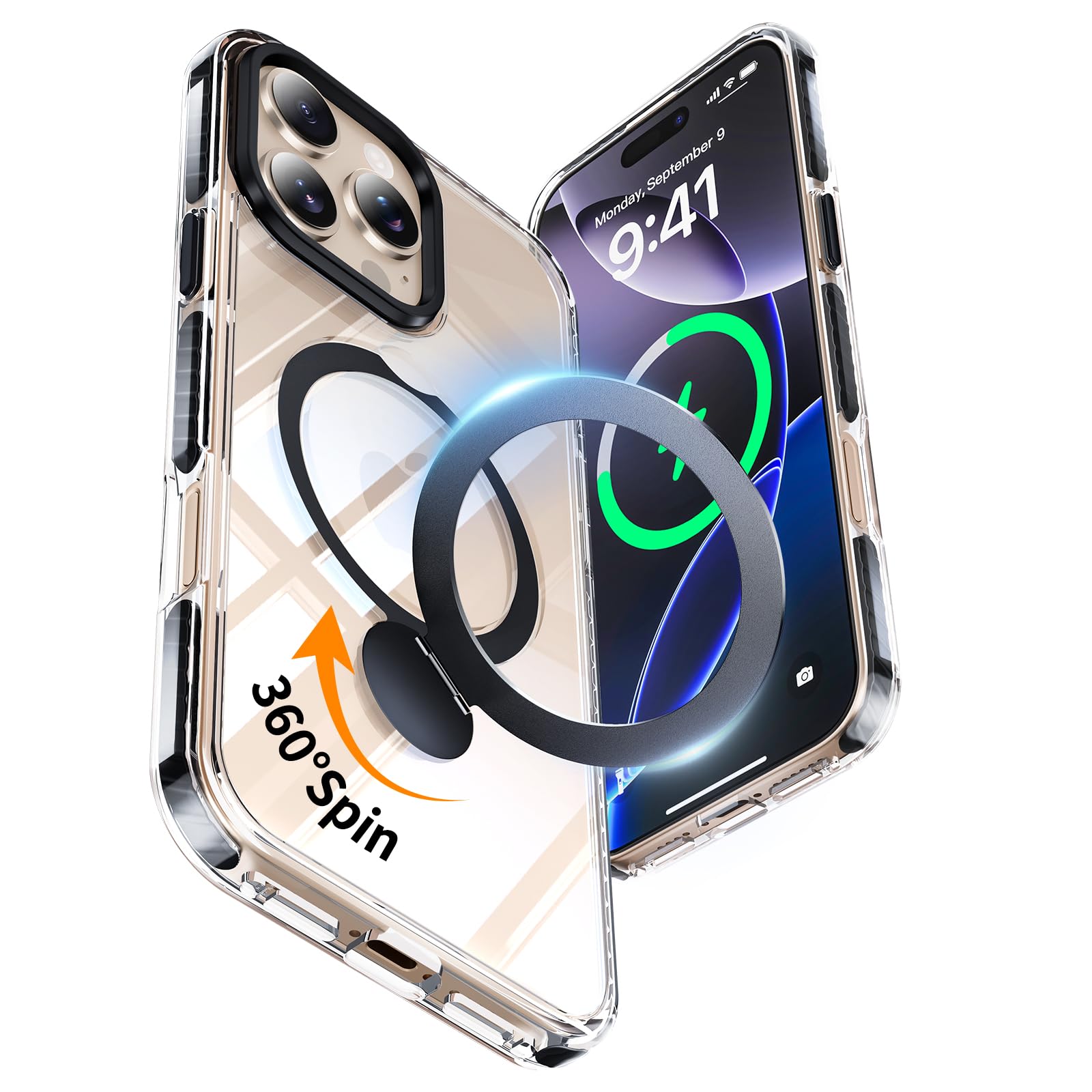 YOOVEI for iPhone 16 Pro Max Case Clear with Kickstand 360°Rotatable Invisible Magnetic Ring Stand [Compatible with MagSafe] [Drop Protection]