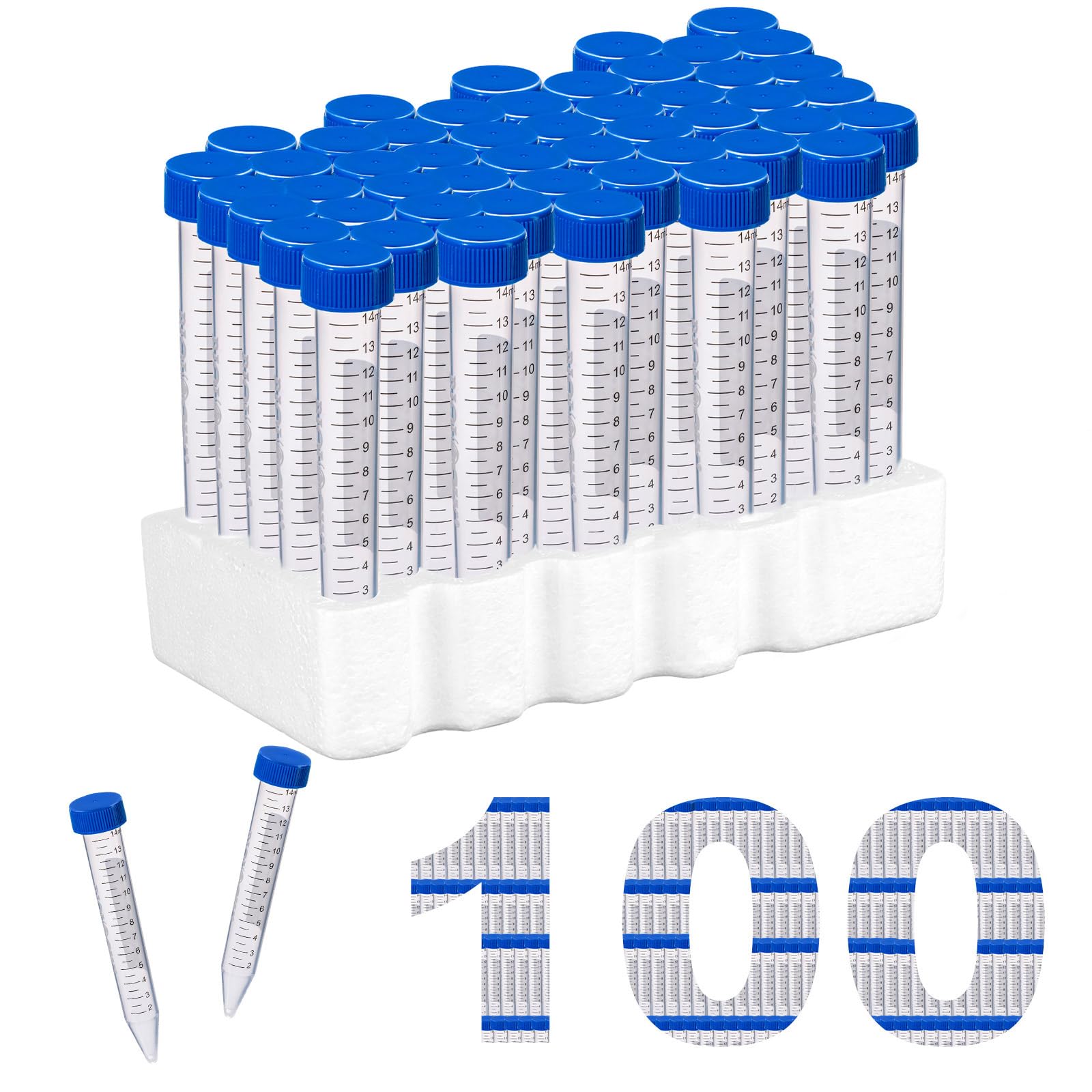 Provette coniche per centrifuga da 15 ml, 100 provette in polipropilene con tappi piatti in polietilene, 12000 RCF, contenitore in plastica con area graduata e scrittura, pacchetto rack, non pirogeno
