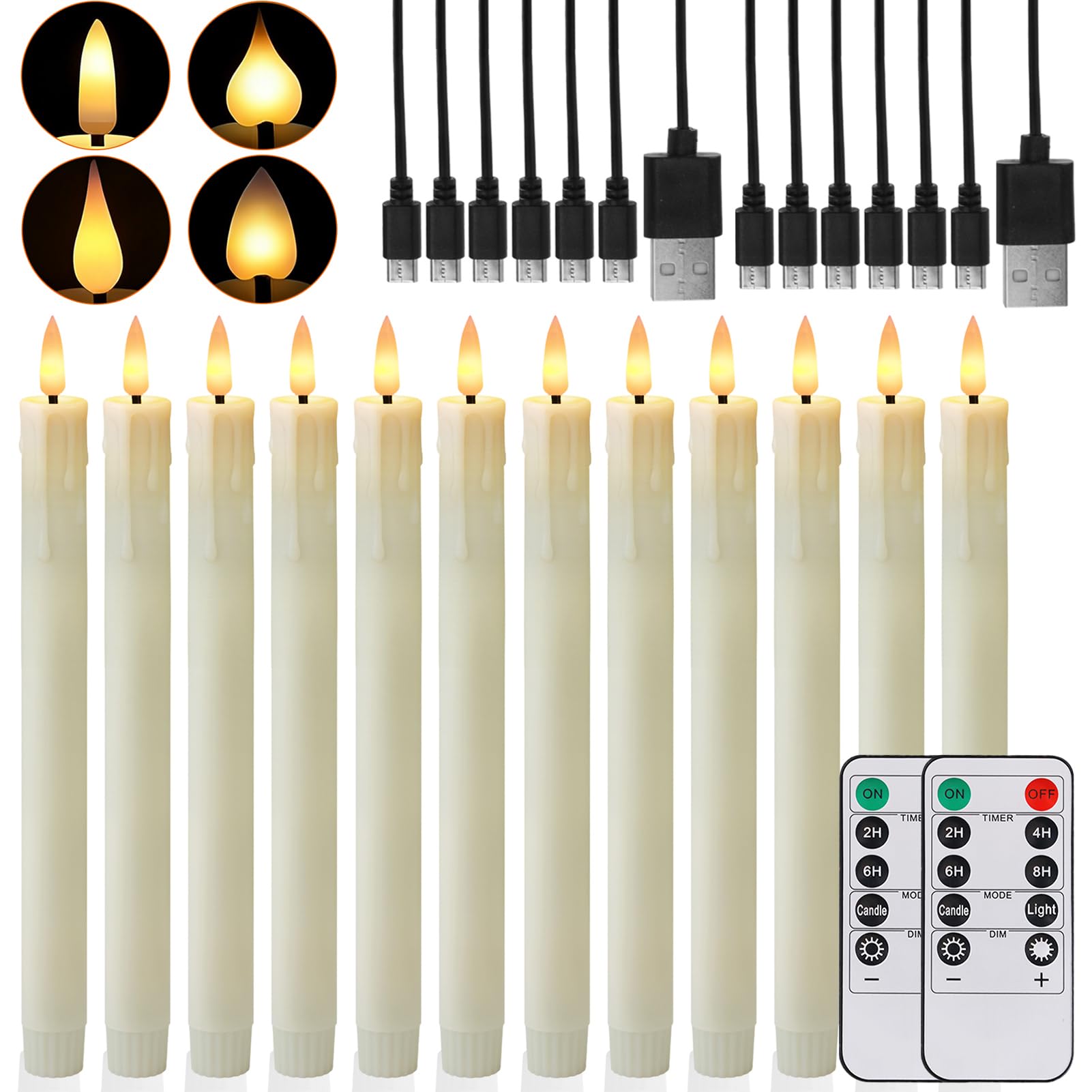 12 Wiederaufladbare LED Stabkerzen mit Timerfunktion, Elfenbein