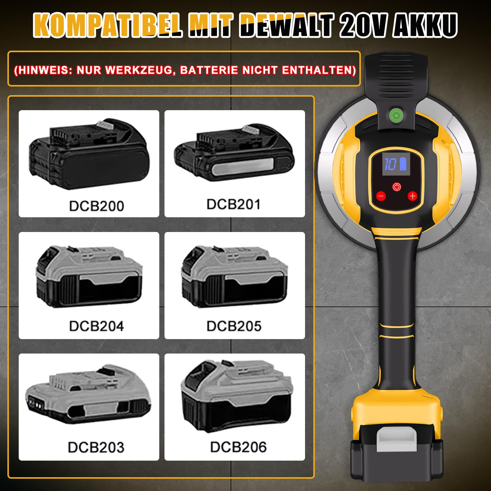 Fliesenleger Maschine Elektrische für Dewalt 18V,20v, Elektrische Fliesenvibrator 148 x 148 mm Saugnapf 10 Gänge Einstellbar 160kg Aufnahmekapazität von Fliesen & Wandfliesen (Ohne Akku)