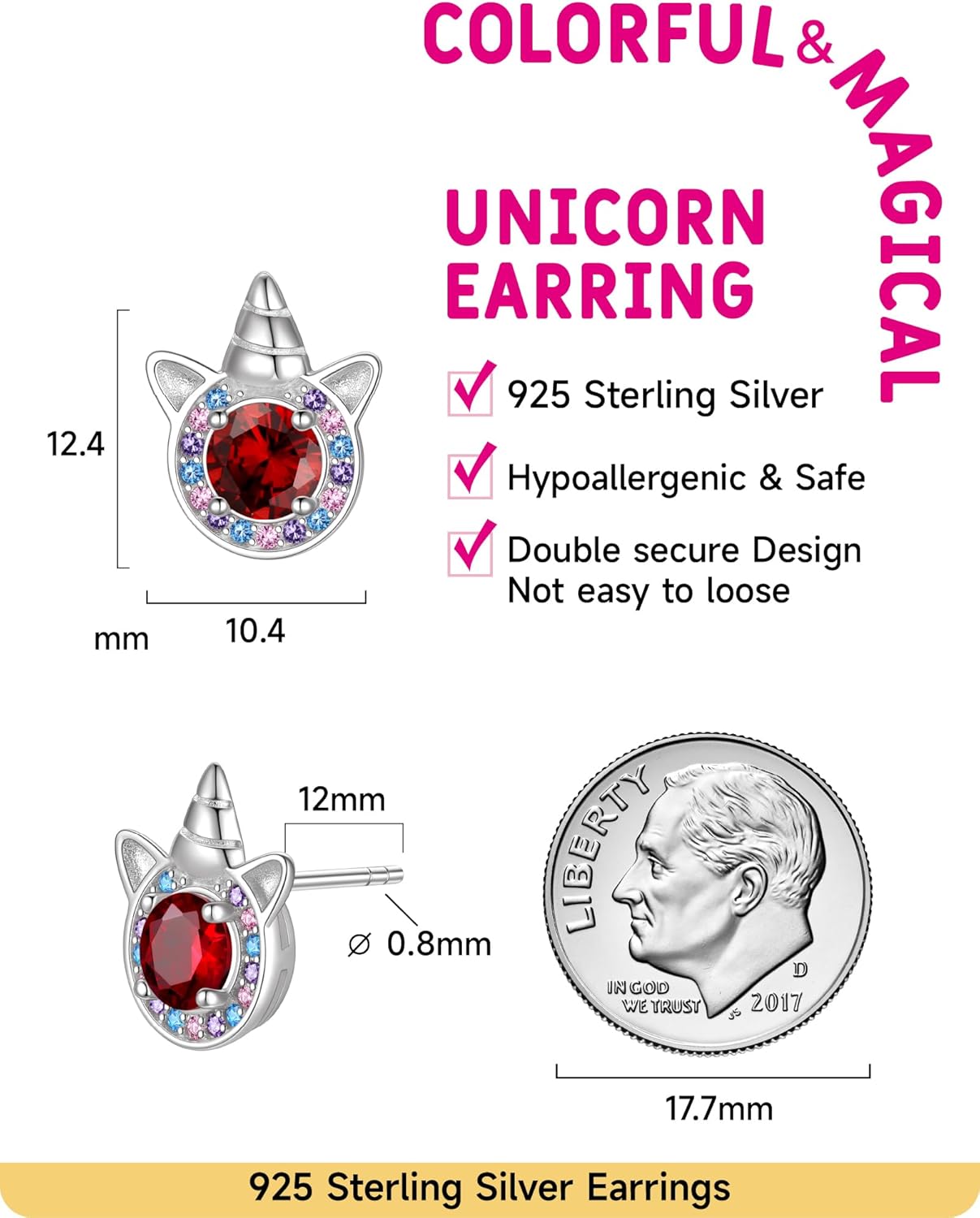 Birthstone Earrings for Girls, 925 Sterling Silver Stud Earrings for Women, Unicorn Gifts for Girls, Cubic Zirconia Studs Earrings, Unicorn Birthday Christmas Gifts for Teens Women - Image 6