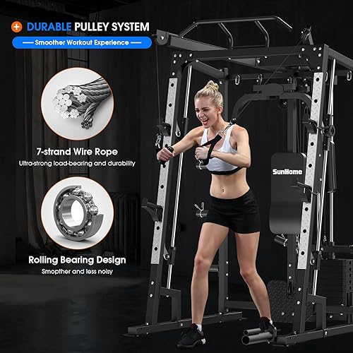 Miniatura 10 de SunHome Smith Machine, jaula de potencia de 2000 libras con barra Smith, dos sistemas de tracción LAT, máquina cruzada de cables y más accesorios de