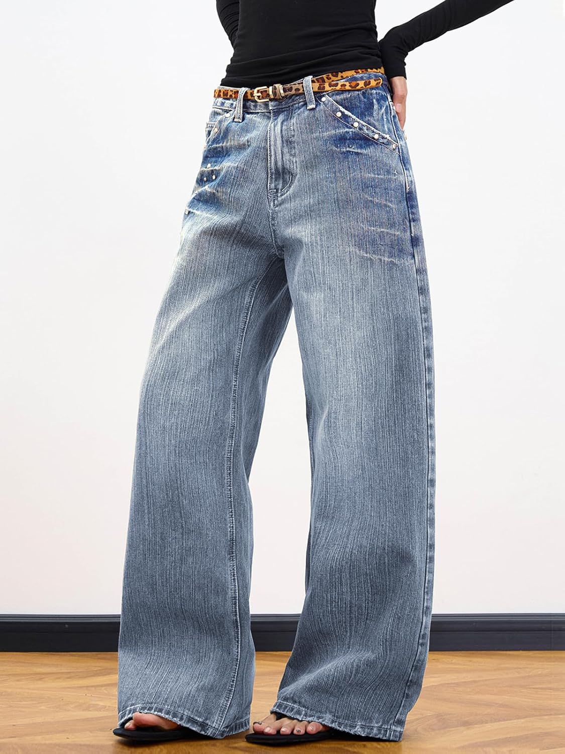 EMMIOL 2026 Women’s Mid High Waisted Wide Leg Jeans Rivet Y2K Baggy Jeans Trendy Loose Straight Denim Pants with Pockets - Image 3