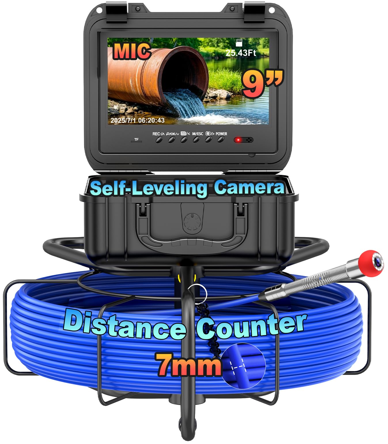Anysun Cámara de alcantarillado de 100 pies, cámara de inspección de tuberías autonivelante con contador de distancia, cable de 0.28 pulgadas de diámetro, cámara de fontanería con pantalla IPS 1080P