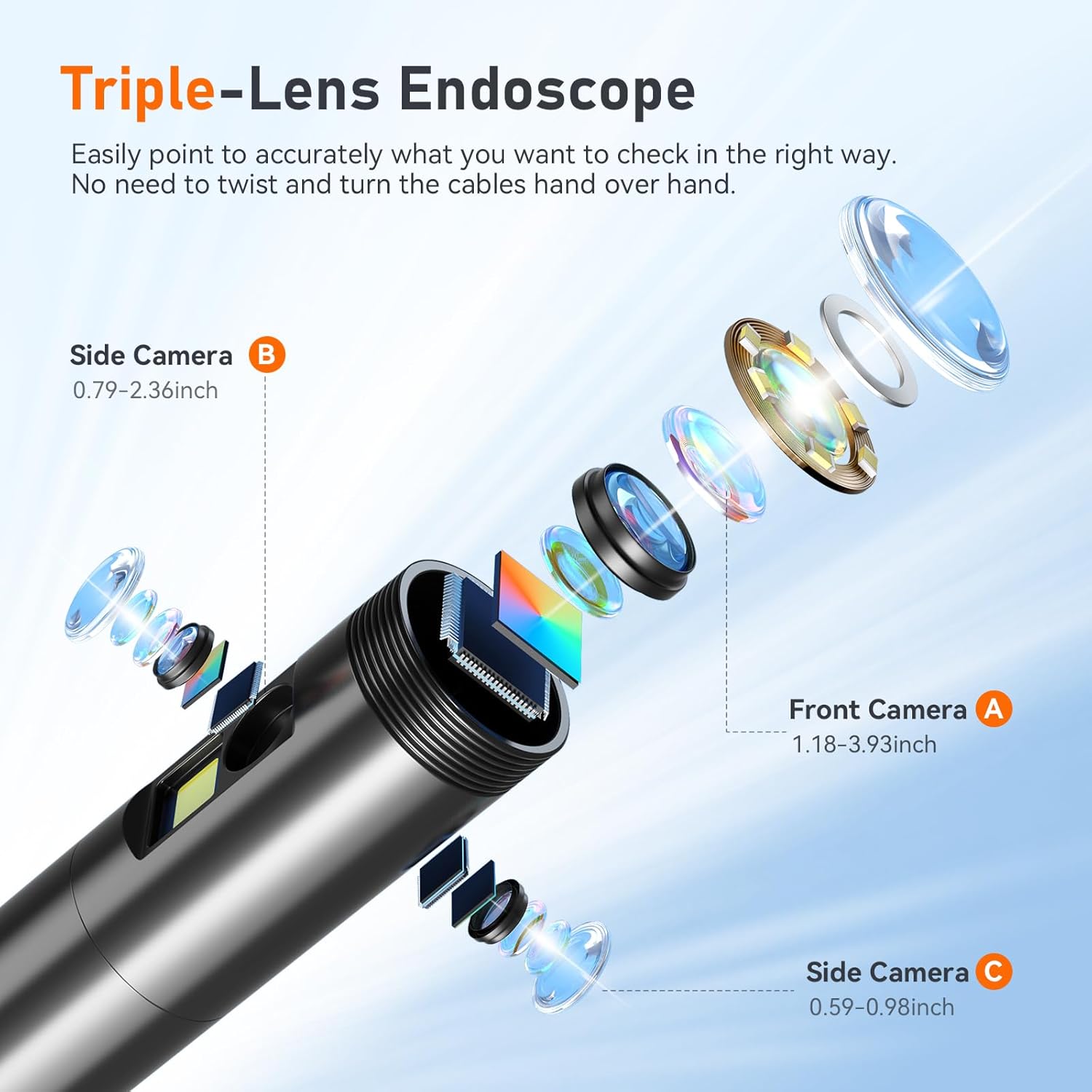 50FT Triple Lens 5" IPS Borescope Inspection Camera, Ginocaco 1080P Digital Video Endoscope with Light, Waterproof Scope Camera with Semi-Rigid Cable, Drain Pipe Tool, Carrying Case, 32G Card