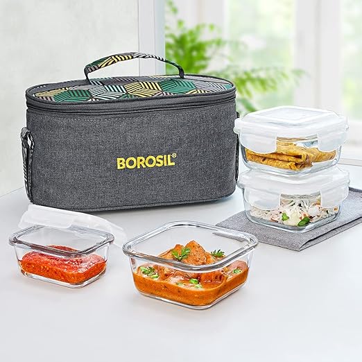 Buy Borosil Foodluck Olive Lunch Boxes Set of 4 (320 ml, 120 ml) with Lunch Bag, Square, Aroma
