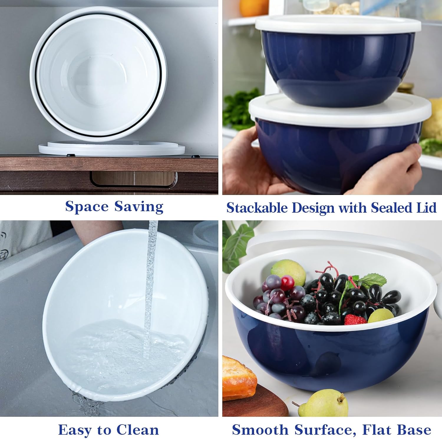 Webake Enamel Mixing Bowl Set with Lids, 2-Piece Unbreakable Enamelware Bowls (3.2 & 4.2 QT) Large Vintage Serving Bowl for Kitchen, Food Storage, Salad, Baking & Fermenting
