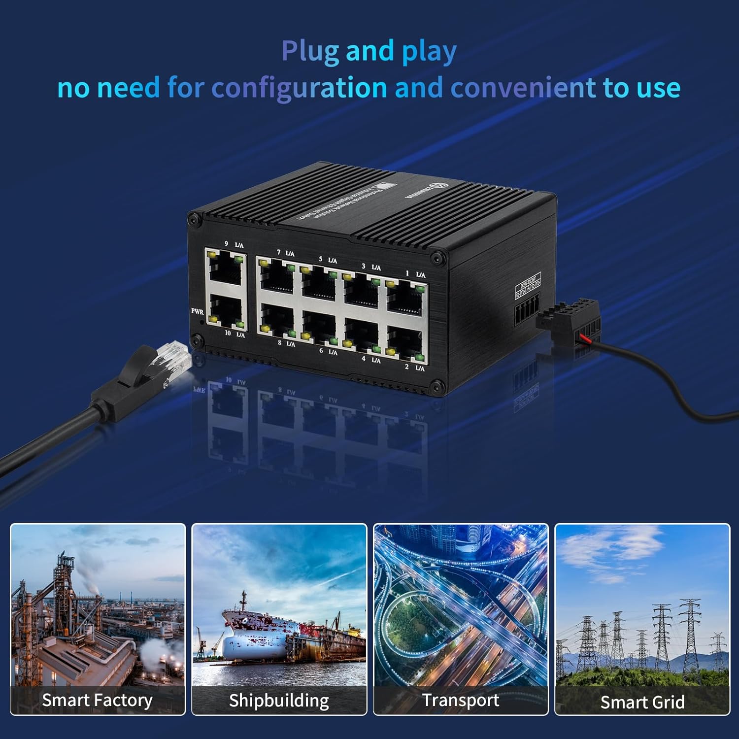 10-Port Gigabit Mini Unmanaged Ethernet Switch, 8 RJ45 Ports + 2 Gigabit Uplink Ports, Compatible with 10/100/1000Mbps, Din-Rail or Wall Mount, 20Gbps Backplane Bandwidth Traffic Optimization