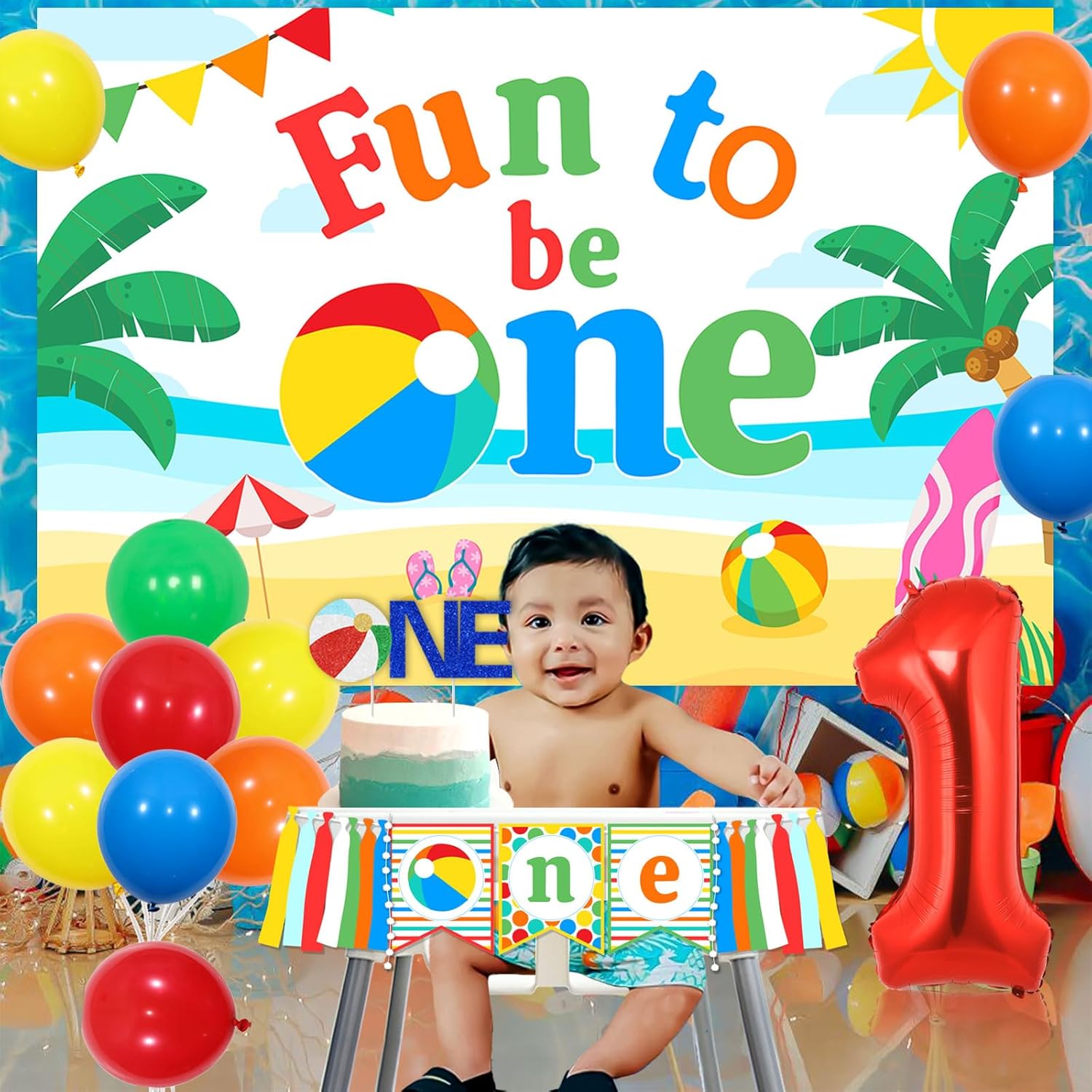 Beach Ball Theme 1st Birthday Party Decoration Summer Beach Birthday Party Supplies with Fun to Be One Beach Birthday Backdrop, Cake Topper and High Chair Banner for Swimming Pool Party - Image 3