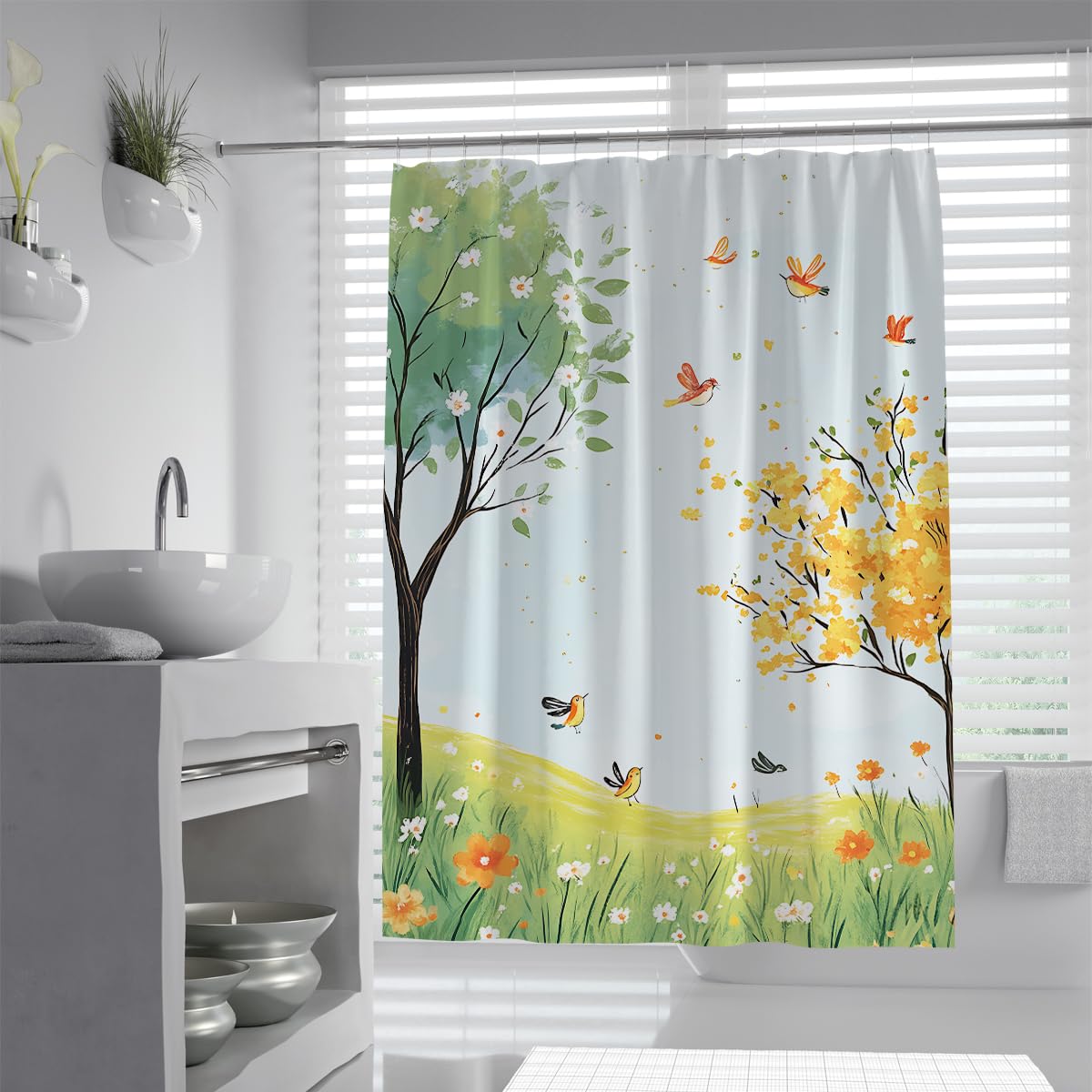 UERWOWELL Boho Spring Tree Shower Curtain Watercolor Garden Scene with Birds and Flowers Bath Curtain Polyester Fabric Cottagecore Bathroom Decor W180xL180 cm