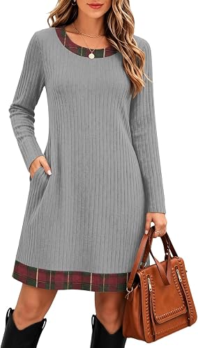 Plaid Dresses for Women Fall Long Sleeve Sweater Dress 2026