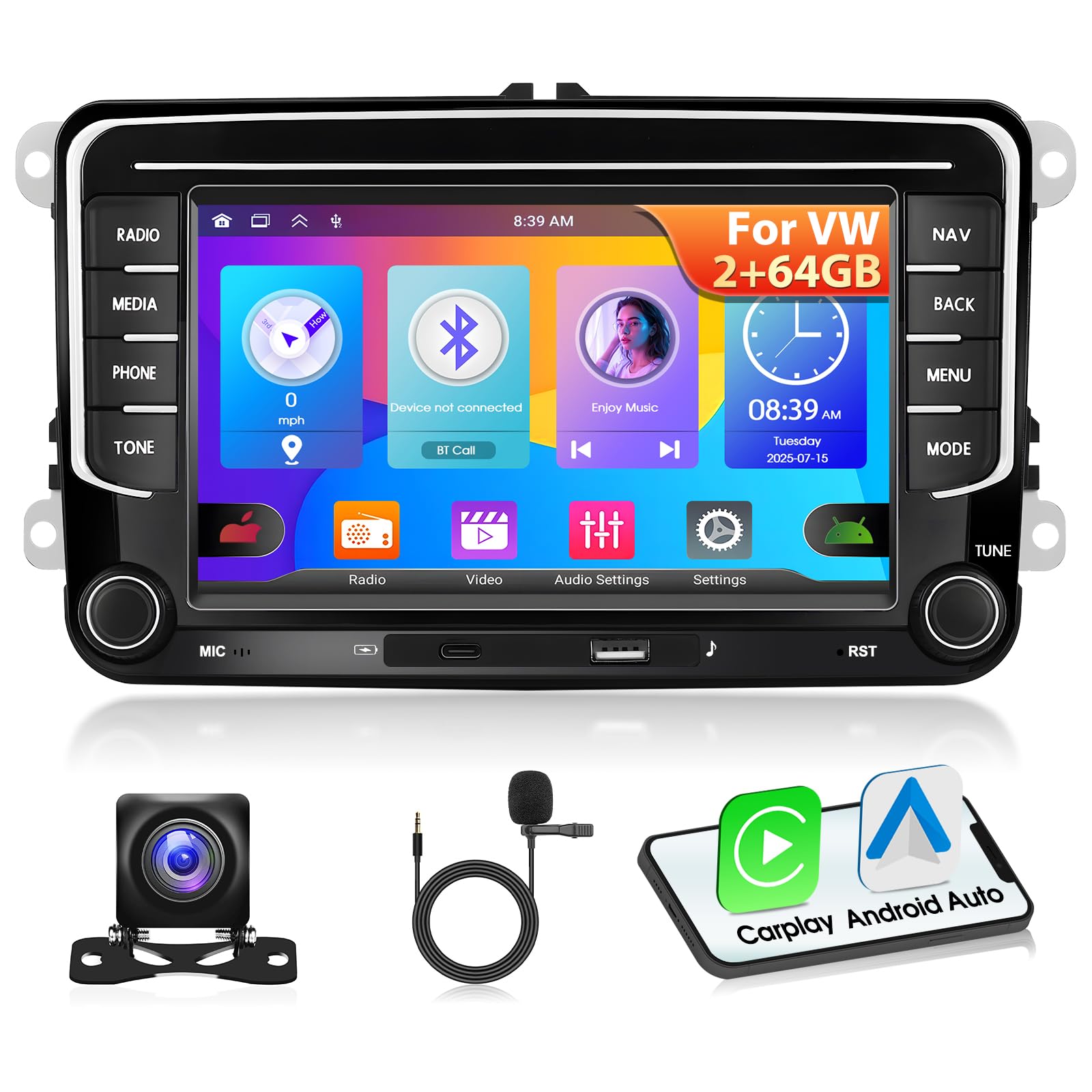 Autoradio 2+64G per VW Seat Passat Golf 5 6 Polo Skoda con Carplay Android Auto,Radio Stereo Android 15 da 7'' con GPS/WiFi/Bluetooth/EQ/FM/RDS/Type-C,Telecamera di Retromarcia AHD e Microfono