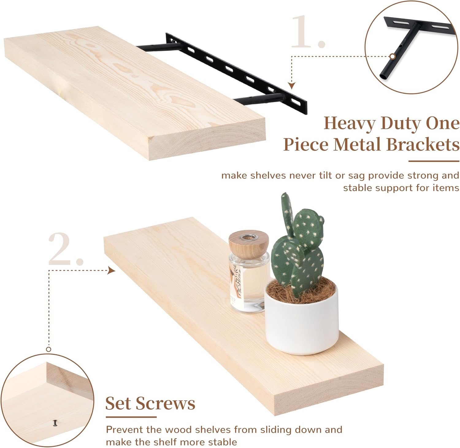 Marsmiles Natural Wood Floating Shelves | 24 Inch Unfinished Wood Wall Shelves Set of 2 | 24" W x 6.7" D Rustic Wooden Shelves for Bathroom Kitchen Living Room Bedroom