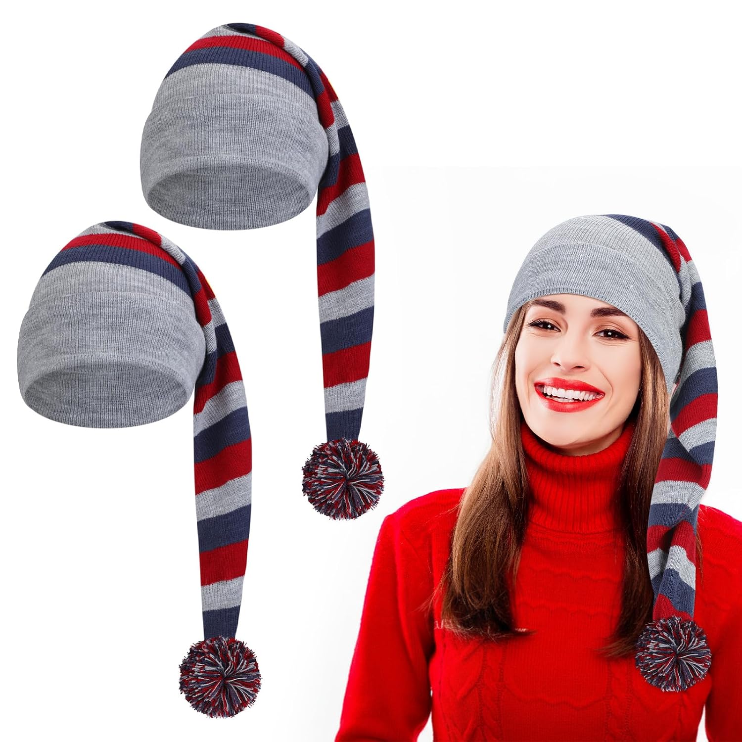 Eurzom 2 Pcs Christmas Long Stocking Cap Striped Knitted Beanie Hat Adult Christmas Movie Costume Accessory Halloween Cosplay(Blue and Grey)