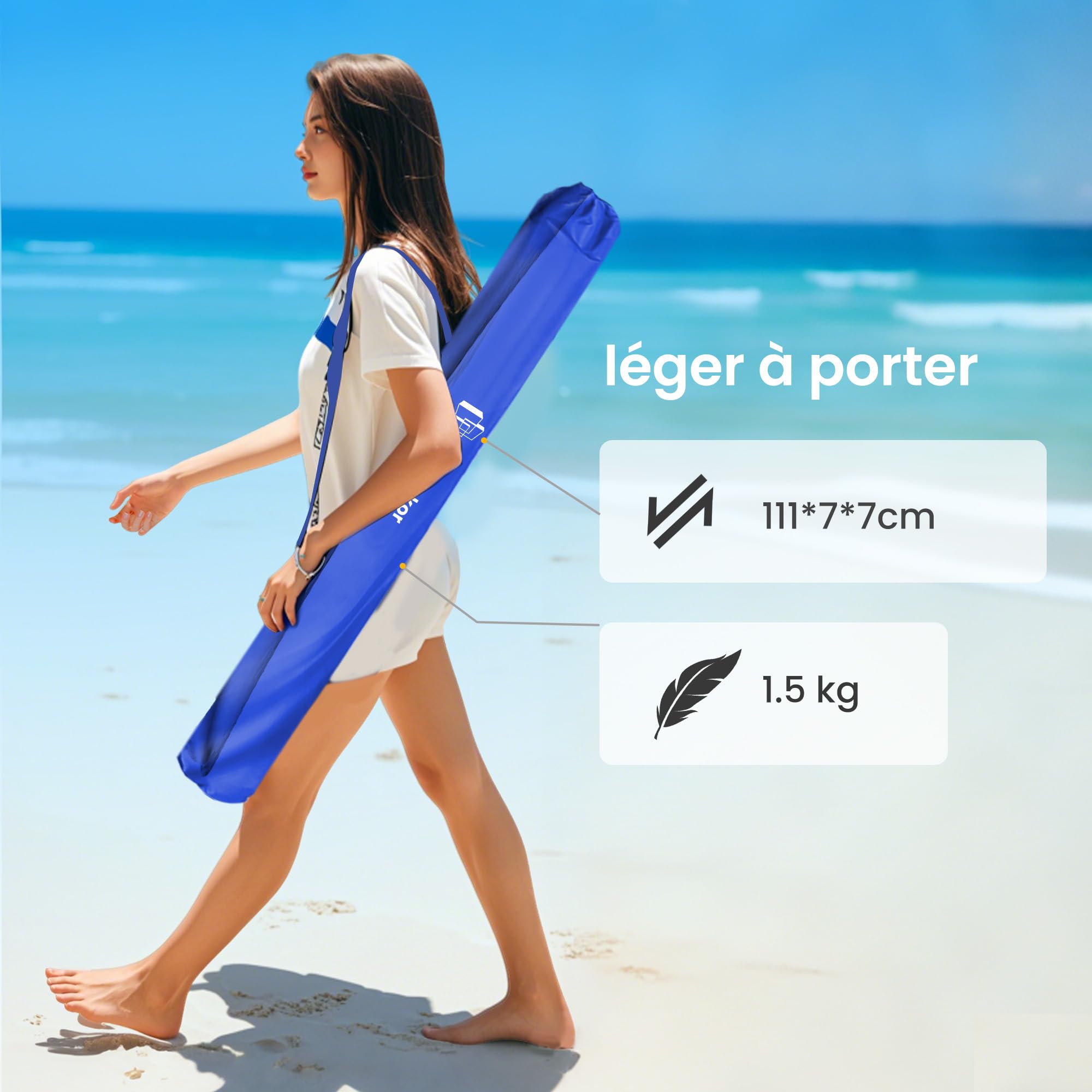 Grandekor Parasol de Plage, Parasol de Jardin Exterieur, UV50+, Ombrelle réglable en Hauteur et Inclinaison, avec Ancre de Plage de 12cm, pour Plage, Balcon & terrasse, 200cm, Bleu