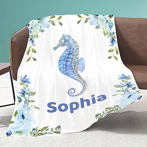 Mantas personalizadas con caballito de mar, añade tu propio texto, acogedoras y ligeras, mantas decorativas de felpa para adolescentes, niños,