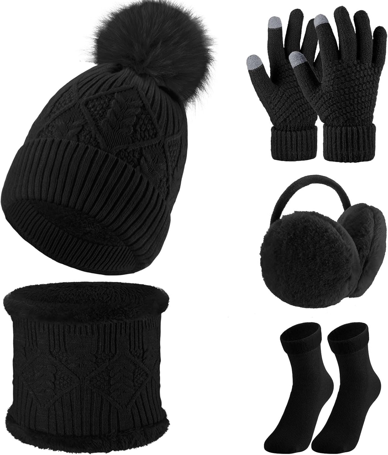 SATINIOR 5 Pcs Winter Hat Scarf Gloves Set Fleece Lined Knit Beanie Hat Warm Touch Screen Gloves Earmuff Warmer for Women(Black,Chic Style)