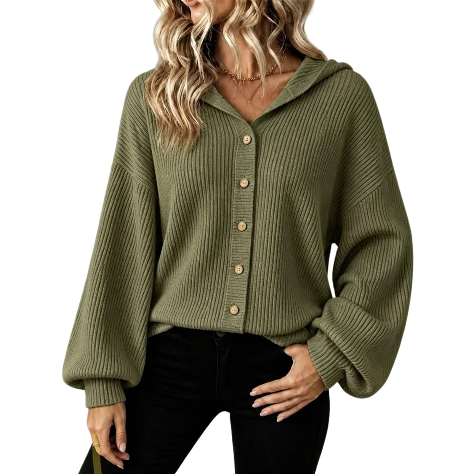 Camicetta da donna a coste con cappuccio e bottoni, oversize, a maniche lunghe, per il tempo libero | Vestibilità ampia con spalle sovrapposte, versatile. Ideale per pendolari, shopping e tempo libero autunnale