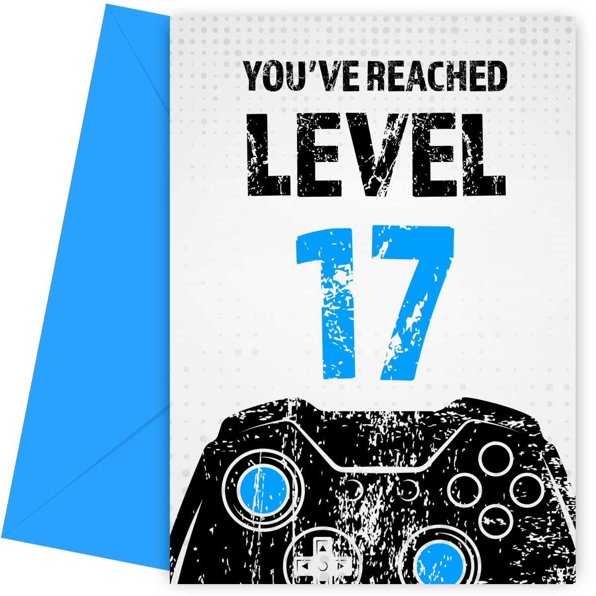 Gamer 17th Birthday Card for Boy - Black & Blue Reached Level 17 Bday Cards for Son, Great Grandson, Nephew or Brother. Gaming Happy Birthday Card for 17 Year Old