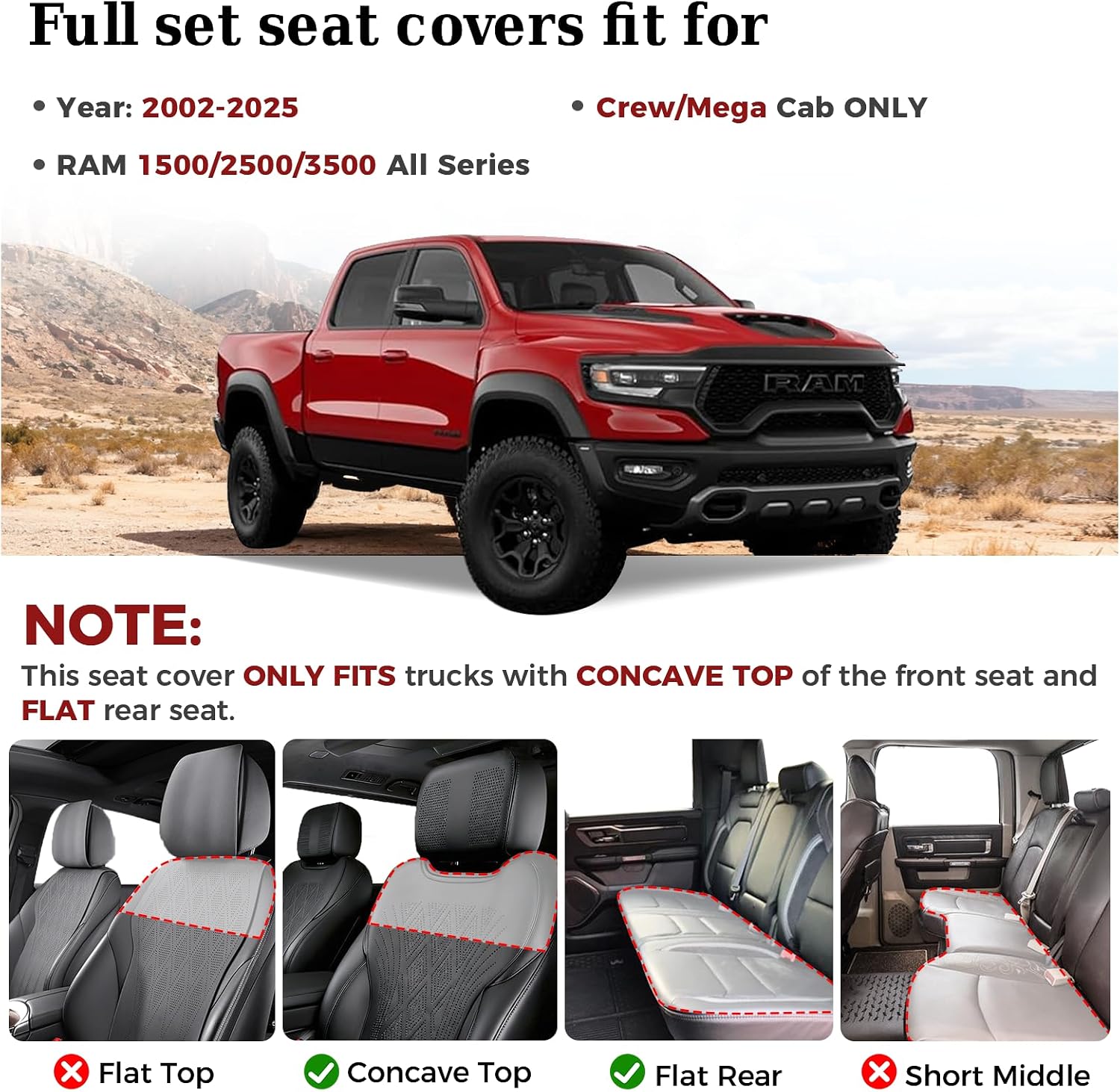 Truckiipa Seat Covers for Dodge Ram 1500 Full Set, Full Coverage Waterproof Leather Protectors Pickup Truck Accessories, Custom Fit for 2002-2025 Ram 1500 2500 3500 Crew Mega Cab, Black