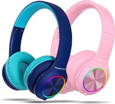 PowerLocus PLED Kids Headphones Wireless, Over Ear Headphones for Kids with 74/85/94dB Safe Volume Limits, Microphone, LED Lights