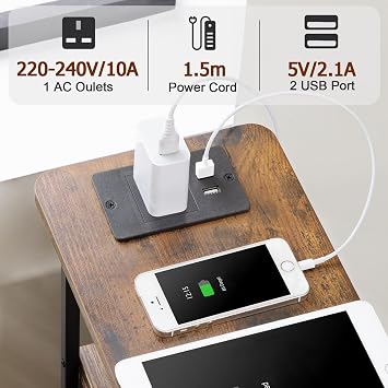 LOAKEKEL Narrow Bedside Table Set of 2, Slim Side Table for Bedroom | Bed Side Table Living Room with Charging Station, Sofa Table with 3 Fabric Drawers, Small Nightstand for Small Spaces, Brown
