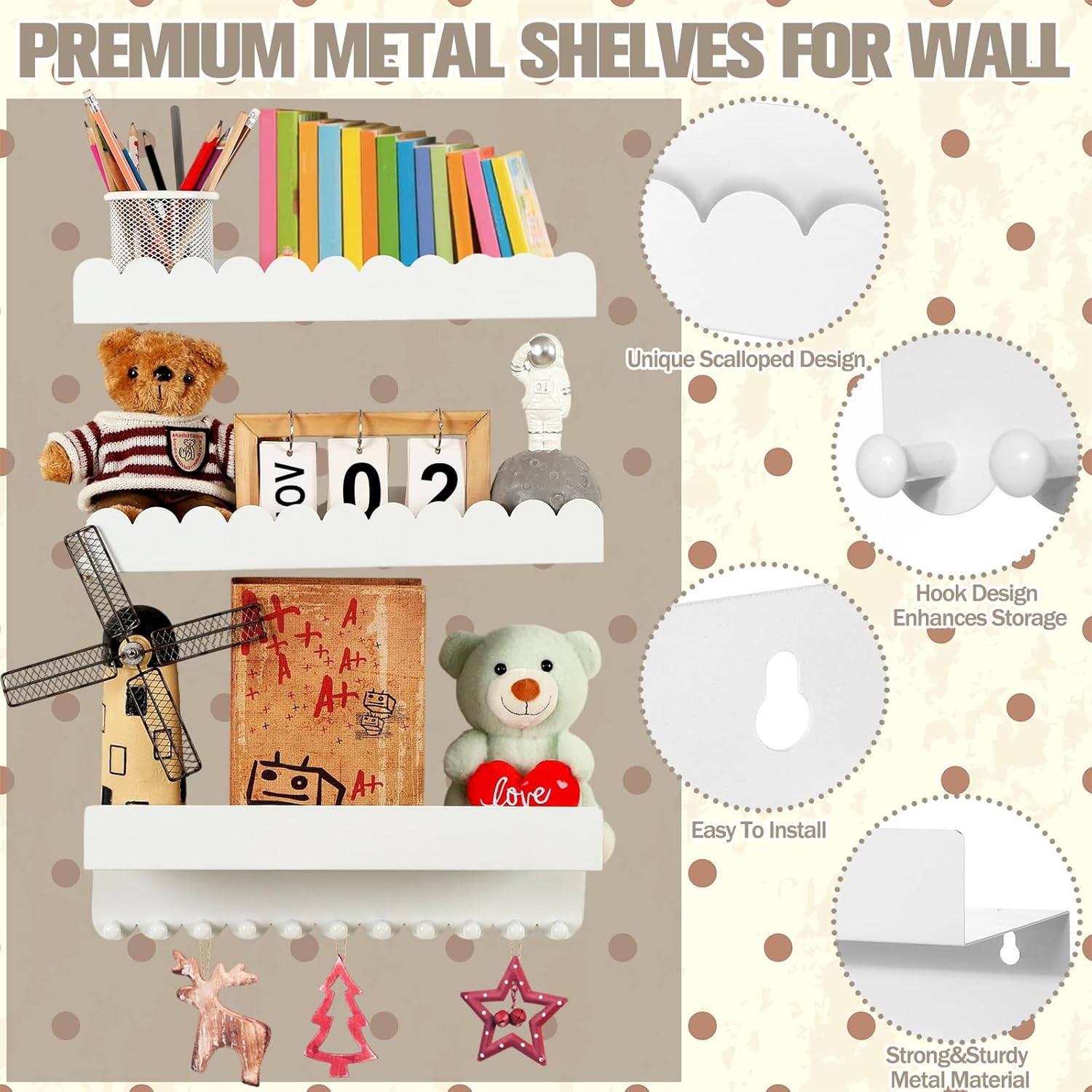 Fourluoo Nursery Book Shelves with Hooks Set of 3, Sturdy Metal Floating Scalloped Shelves for Nursery Wall Mounted White Book Shelf for Kids Room, Baby Bedroom, Bathroom, Playroom Decor, 16 Inch