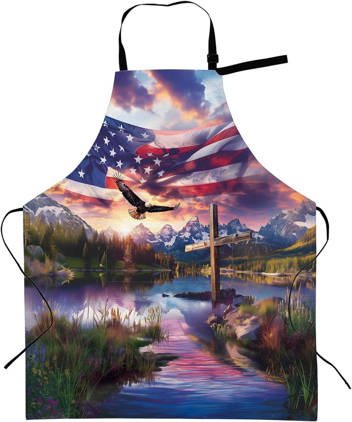 Patriotic Eagle Apron with Adjustable Neck Strap,American Flag Cross Kitchen Aprons with 2 Pockets for Women,28x33in,Oxford Fabric,Gifts for Wife Mom,For Chef Cooking Baking Gardening BBQ