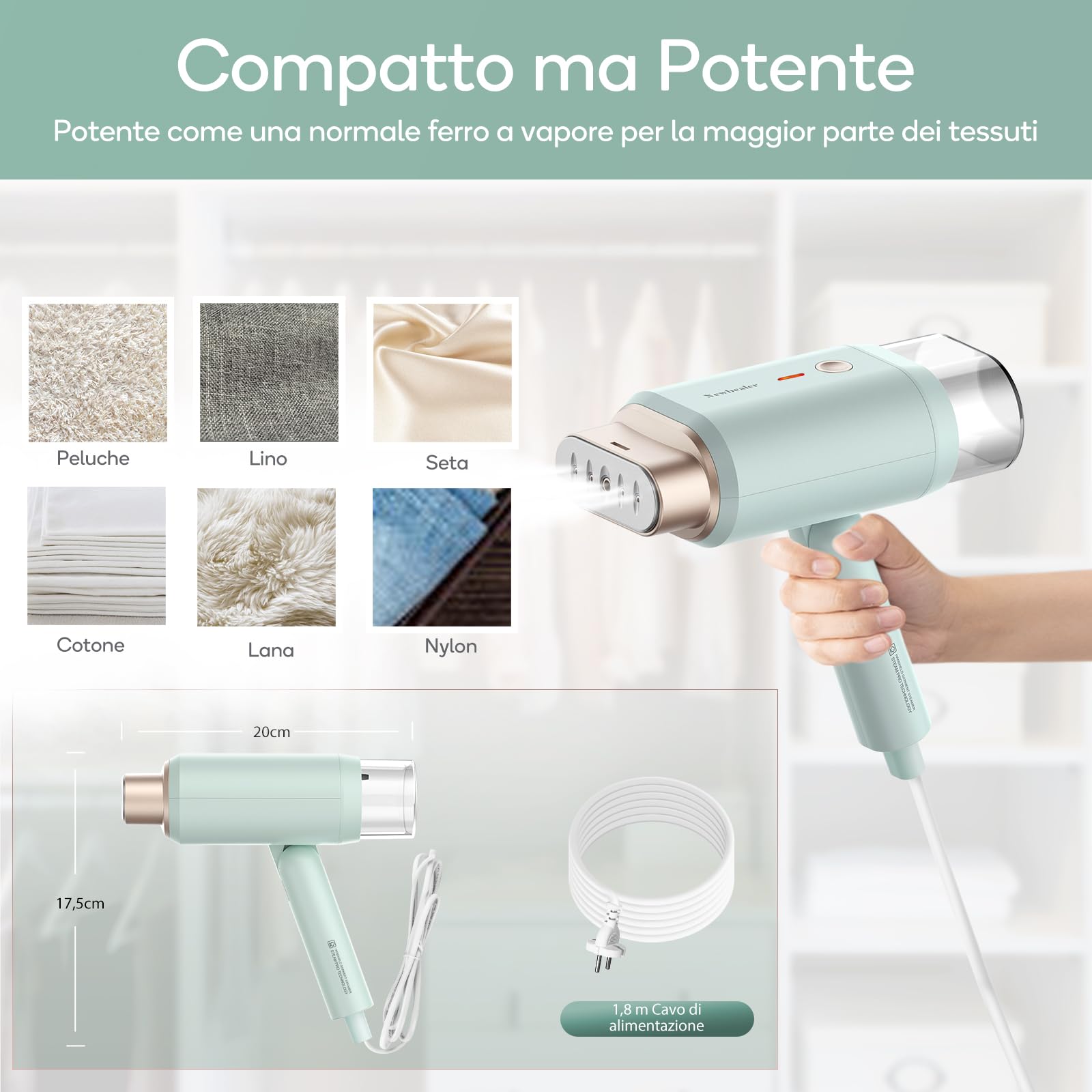Newbealer Ferro da Stiro Verticale, Stiratrice Verticale Portatile Pieghevole, 1200W 2 Livelli di Vapore, Riscaldamento Rapido 20s e Serbatoio dell'acqua Estraibile da 180ml per Viaggio Casa, verde