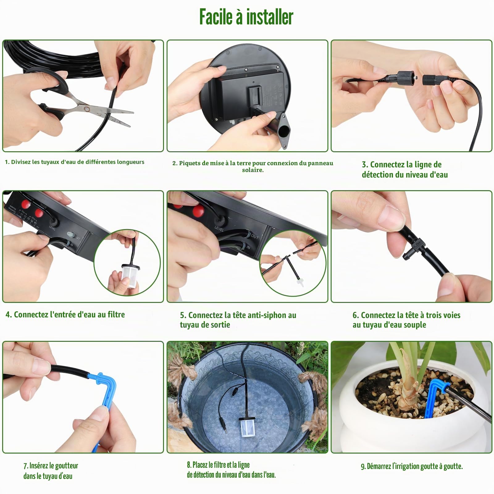 Paquet de 2 Kit Arrosage Automatique Solaire, 2200mAh Arrosage Automatique Systeme, Programmateur Arrosage Solaire Exterieur pour Pot Fleur avec 15M Tuyau Arrosage et Détection Du Niveau D'eau