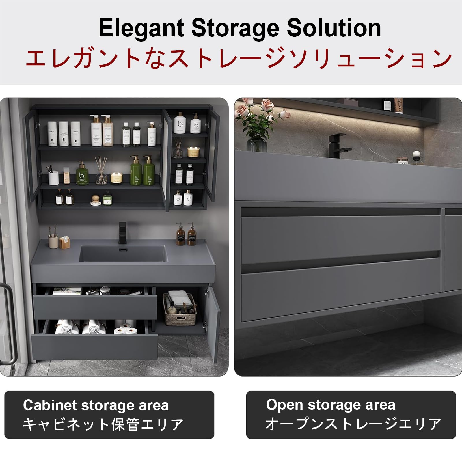 Set di Mobili da Bagno Lavabo con Mobiletto, Mobile Bagno Sospeso con Lavabo, con Armadietto A Specchio, con Lampada LEDGrey,120cm/47in