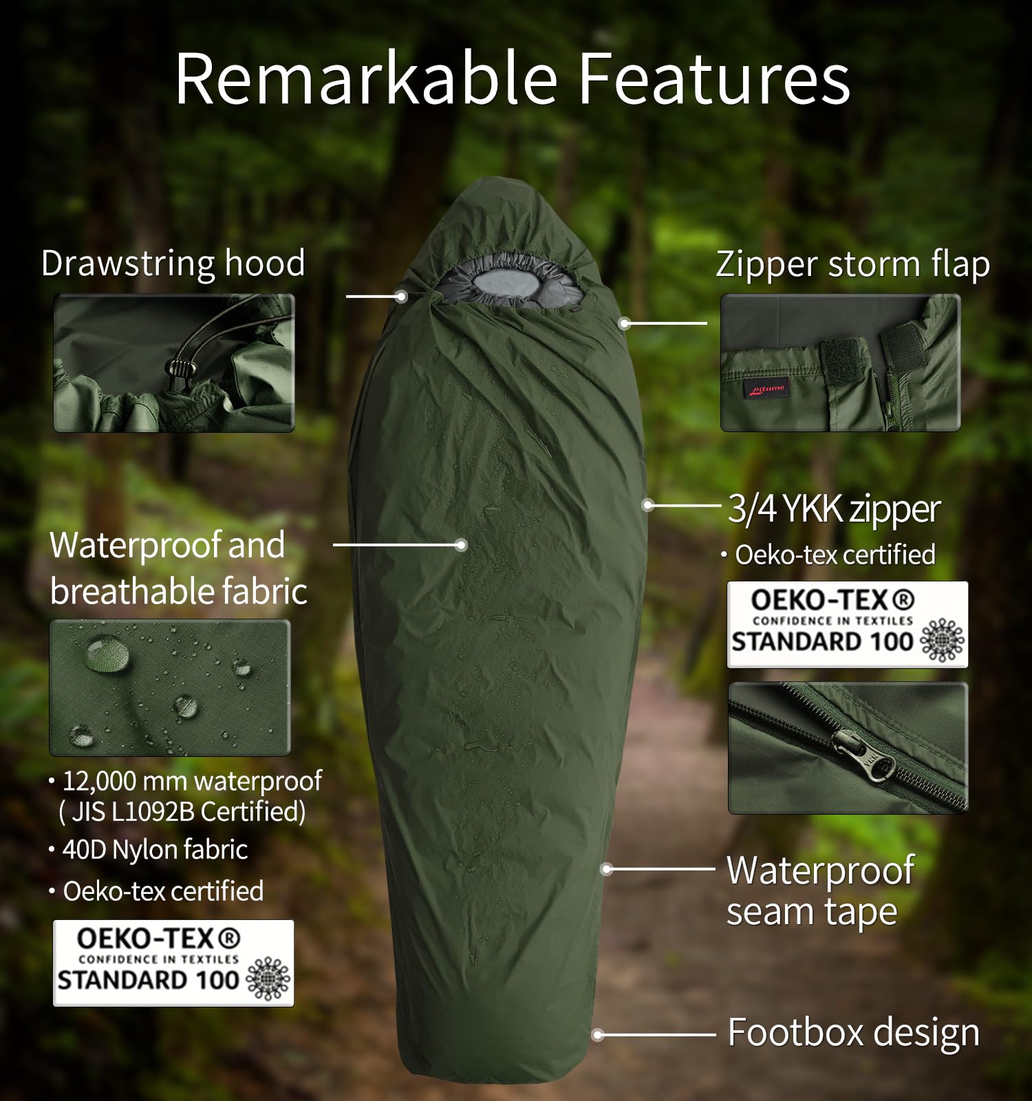 Litume Śpiwór Pokrowiec Bivy Worek Wodoodporny Styl Mumia Minimalistyczny Leśny Zewnętrzna Powłoka Stealth Shelter Kompaktowy Lekki Przenośny Camping