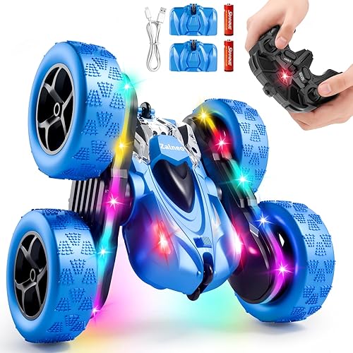 Coche de acrobacias con control remoto 4WD 360 Flip doble cara RC Cars, barra de luz LED, batería modular USBC, juguete de playa al aire libre de