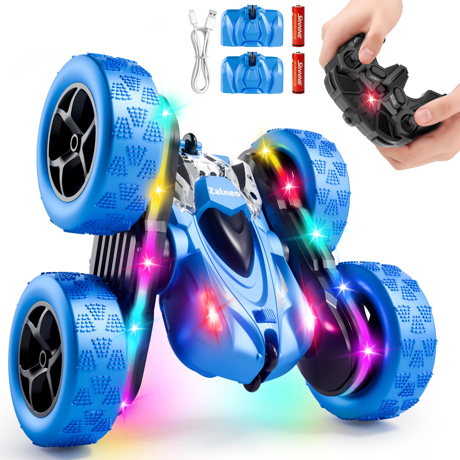 Remote Control Stunt Car 4WD 360° Flip Double‑Sided RC Cars, LED Light Bar, USB‑C Modular Battery, 2.4 GHz Outdoor Beach Toy for Boys 6‑12 Years Old, Birthday & Christmas Kids Gift, Blue