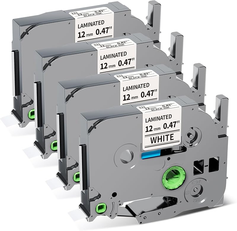 Tz Tape 12mm 0.47 Inch Laminated White TZe-231 Compatible Brother | Ptouch Label Tape TZe231 Label Maker Refills Compatible P touch PT-D210 H110 H111 1280 1290 1880 2040, Black on White, 4 Pack